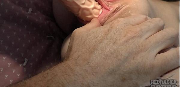  19yo tiny sarah using thick ribbed dildo and letting me help her to orgasm